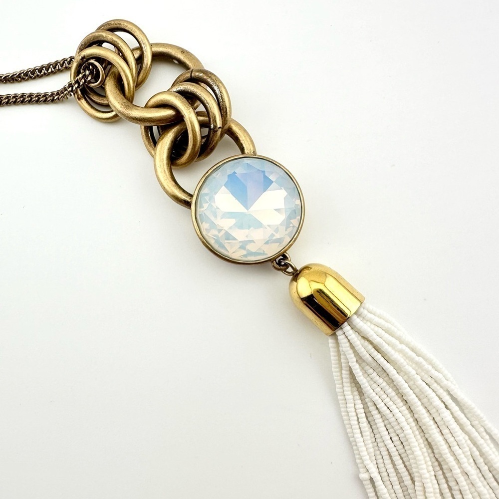 J Crew Necklace, Long Gold Tone and White Tassel Pendant with Iridescent Stone - Picture 5 of 8